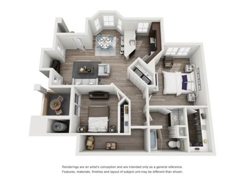 A 3D rendered image of a house layout.
